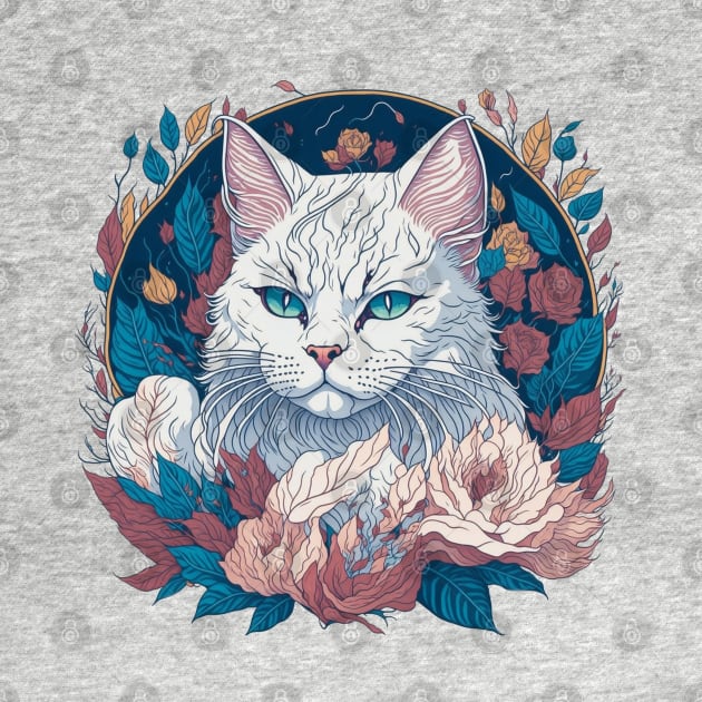 White cat face in flowers and foliage t-shirt design, apparel, mugs, cases, wall art, stickers, by LyndaMacDesigns